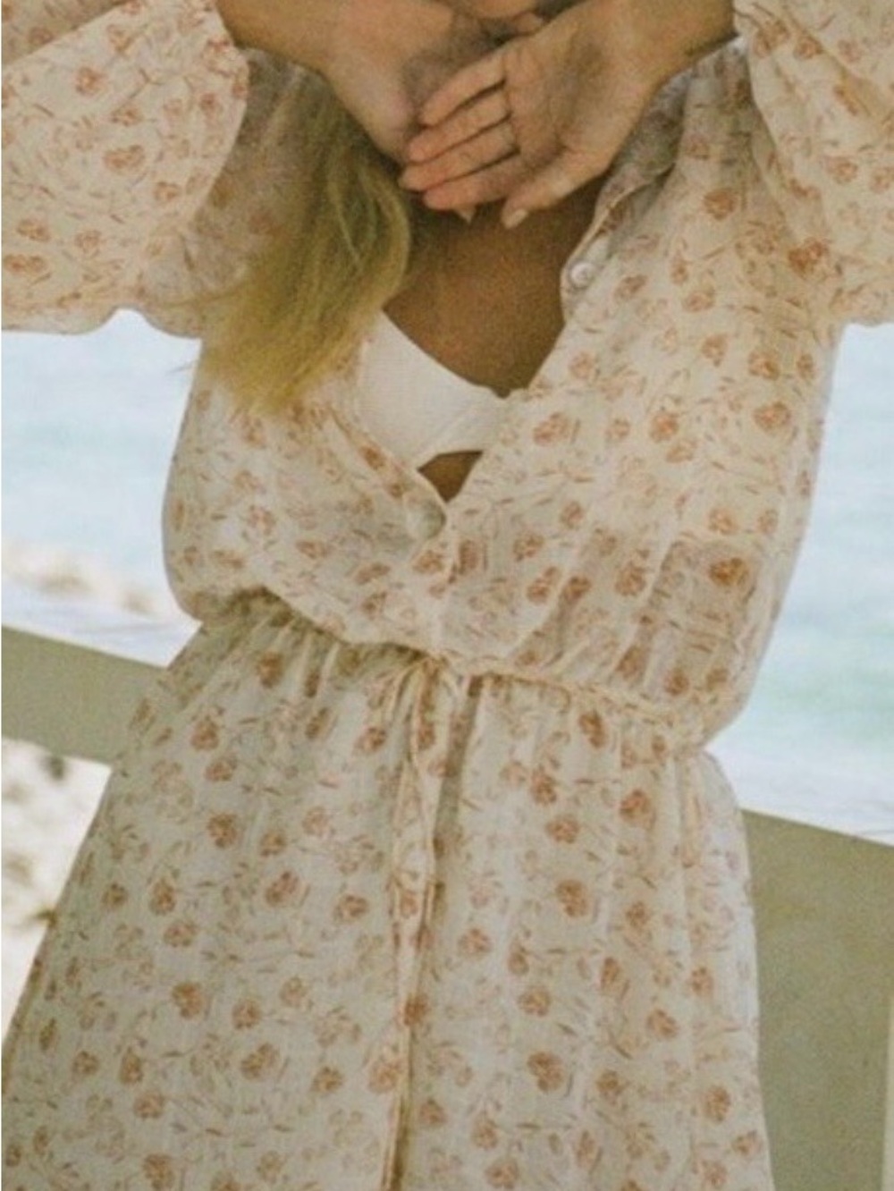Light Floral Drawstring Waist Mani Dress in Cream and Blush